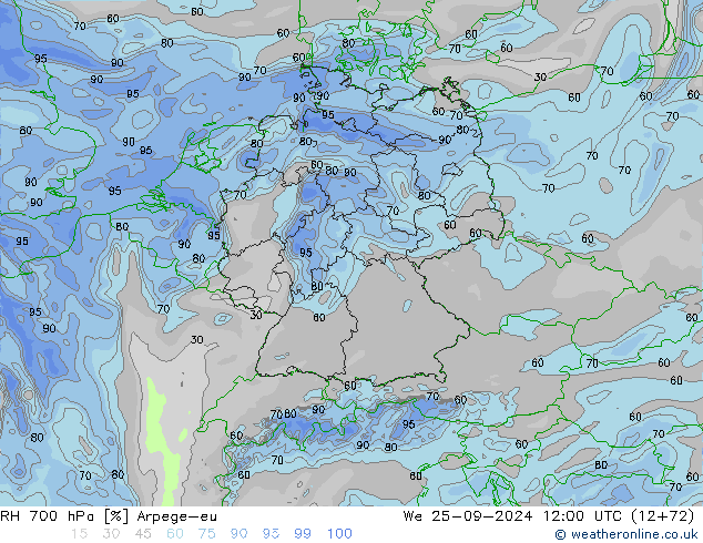 RH 700 hPa Arpege-eu mer 25.09.2024 12 UTC