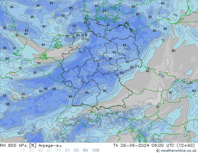 Humedad rel. 850hPa Arpege-eu jue 26.09.2024 06 UTC