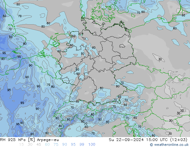 Humedad rel. 925hPa Arpege-eu dom 22.09.2024 15 UTC