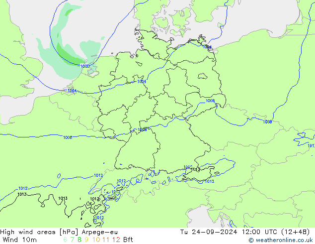 High wind areas Arpege-eu Út 24.09.2024 12 UTC