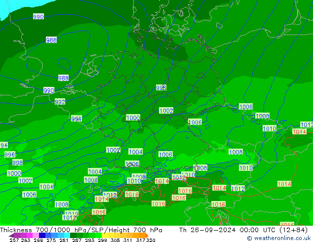 Espesor 700-1000 hPa Arpege-eu jue 26.09.2024 00 UTC