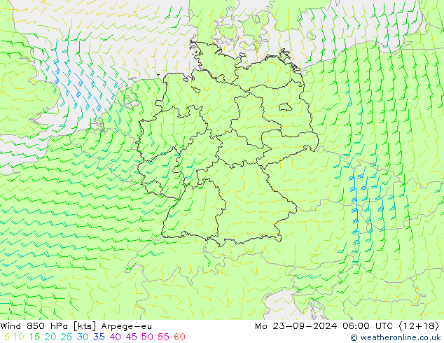 Vento 850 hPa Arpege-eu lun 23.09.2024 06 UTC