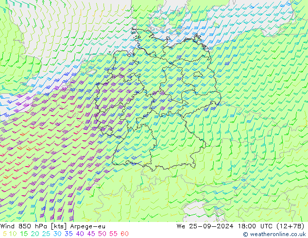 Vento 850 hPa Arpege-eu mer 25.09.2024 18 UTC