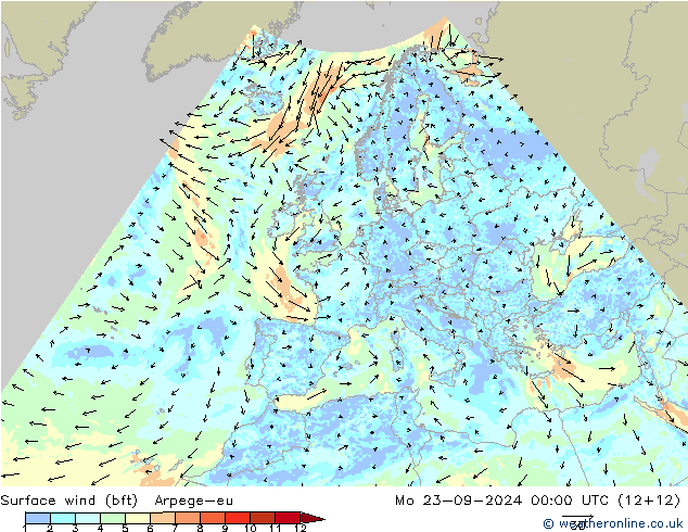 Surface wind (bft) Arpege-eu Mo 23.09.2024 00 UTC