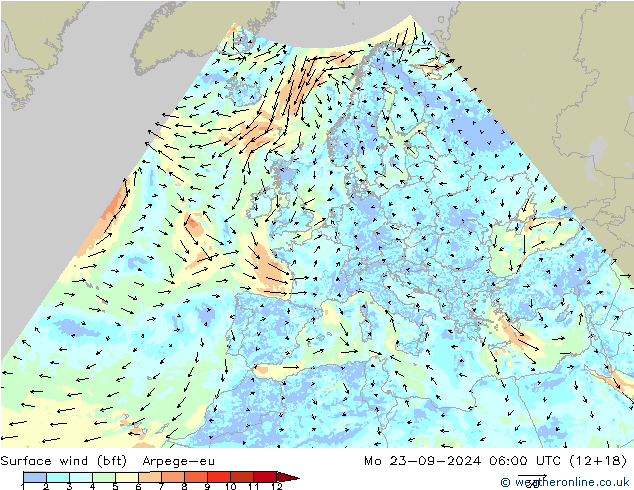 Surface wind (bft) Arpege-eu Mo 23.09.2024 06 UTC