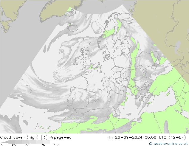 Cloud cover (high) Arpege-eu Th 26.09.2024 00 UTC