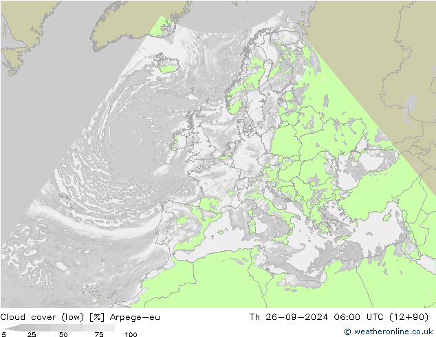 Cloud cover (low) Arpege-eu Th 26.09.2024 06 UTC