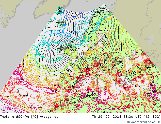 Theta-e 850гПа Arpege-eu чт 26.09.2024 18 UTC