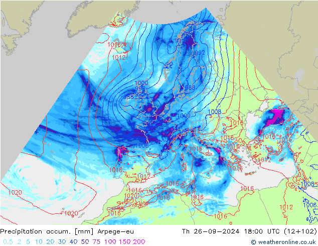 Précipitation accum. Arpege-eu jeu 26.09.2024 18 UTC