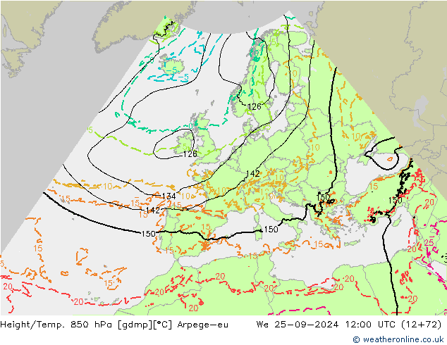 Hoogte/Temp. 850 hPa Arpege-eu wo 25.09.2024 12 UTC