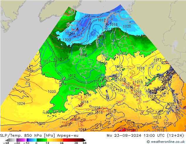 SLP/Temp. 850 hPa Arpege-eu Mo 23.09.2024 12 UTC