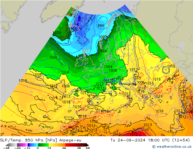 SLP/Temp. 850 hPa Arpege-eu Ter 24.09.2024 18 UTC