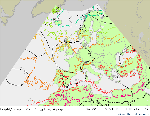 Yükseklik/Sıc. 925 hPa Arpege-eu Paz 22.09.2024 15 UTC