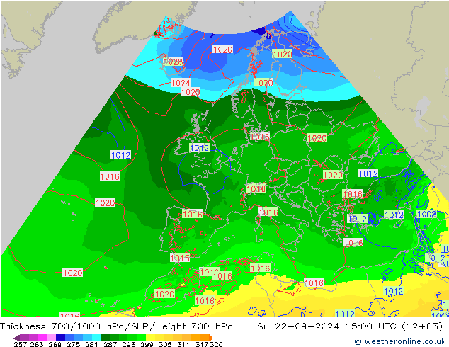 Thck 700-1000 гПа Arpege-eu Вс 22.09.2024 15 UTC