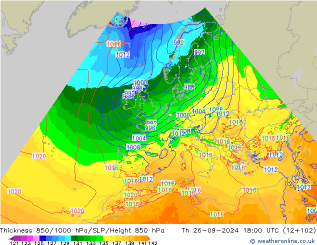 Thck 850-1000 гПа Arpege-eu чт 26.09.2024 18 UTC