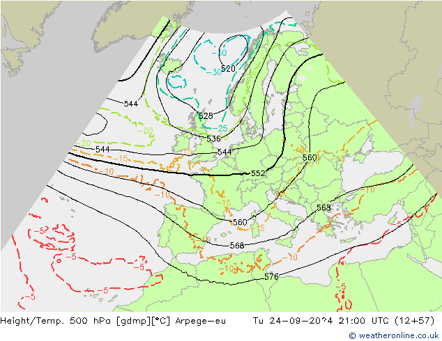 Height/Temp. 500 hPa Arpege-eu Út 24.09.2024 21 UTC