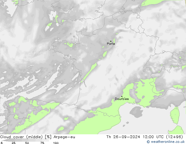 Cloud cover (middle) Arpege-eu Th 26.09.2024 12 UTC