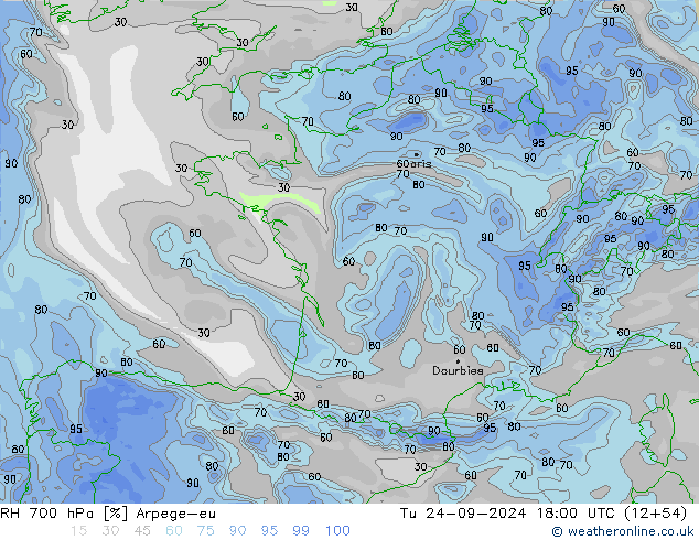 RH 700 hPa Arpege-eu Tu 24.09.2024 18 UTC