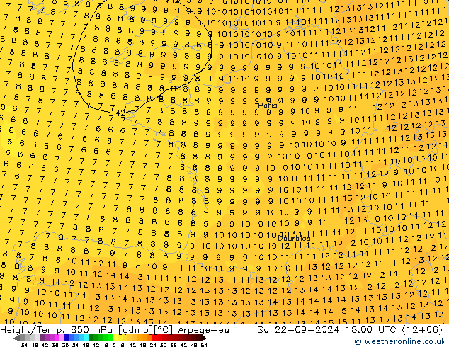 Height/Temp. 850 hPa Arpege-eu So 22.09.2024 18 UTC