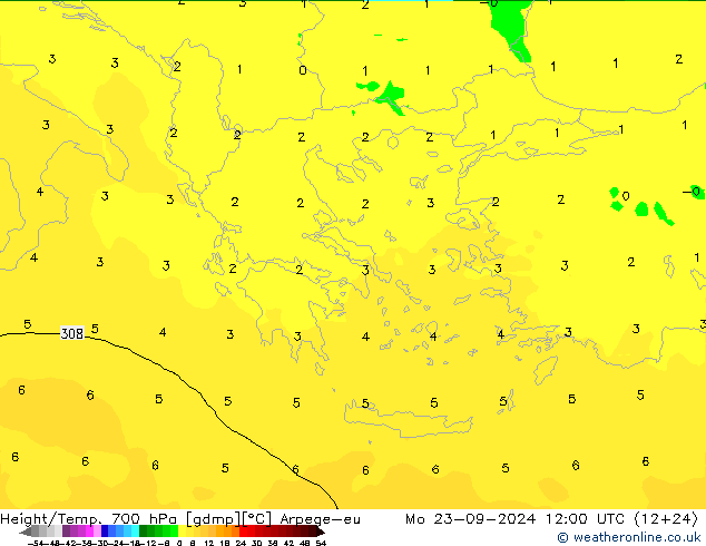 Height/Temp. 700 hPa Arpege-eu Mo 23.09.2024 12 UTC