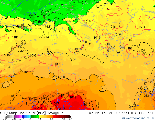 850 hPa Yer Bas./Sıc Arpege-eu Çar 25.09.2024 03 UTC