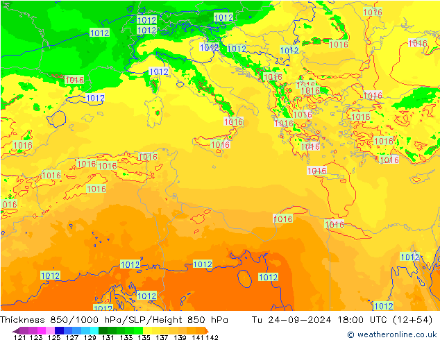 Espesor 850-1000 hPa Arpege-eu mar 24.09.2024 18 UTC