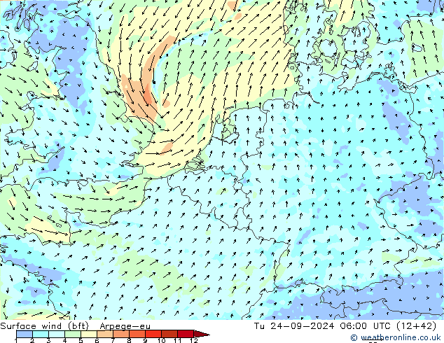 Bodenwind (bft) Arpege-eu Di 24.09.2024 06 UTC