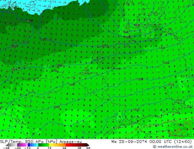 SLP/Temp. 850 hPa Arpege-eu mer 25.09.2024 00 UTC