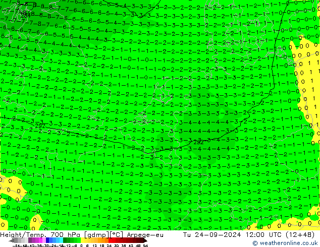 Yükseklik/Sıc. 700 hPa Arpege-eu Sa 24.09.2024 12 UTC