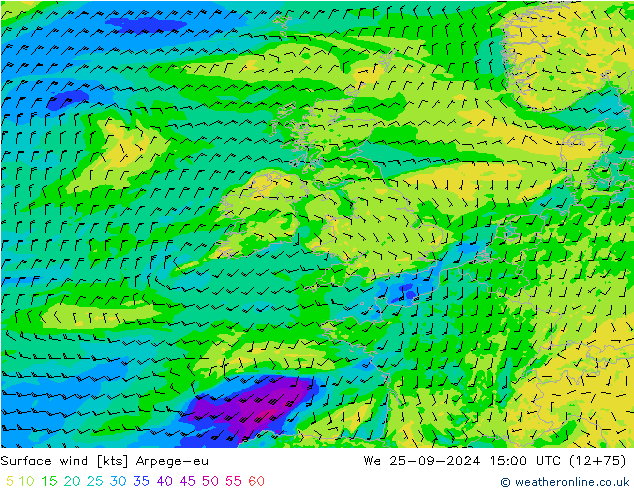 Viento 10 m Arpege-eu mié 25.09.2024 15 UTC