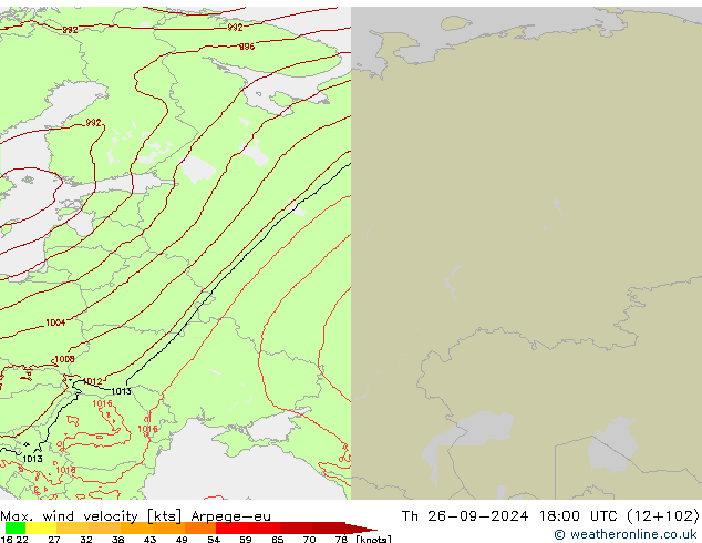 Max. wind velocity Arpege-eu чт 26.09.2024 18 UTC