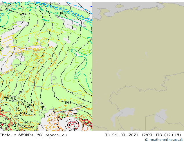 Theta-e 850hPa Arpege-eu mar 24.09.2024 12 UTC