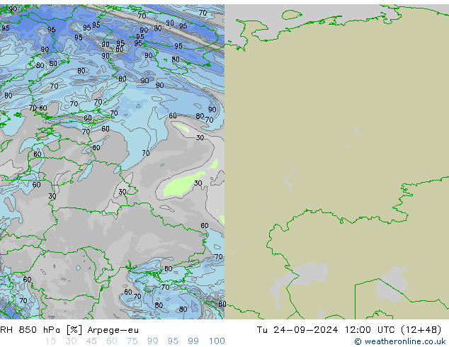 RH 850 hPa Arpege-eu  24.09.2024 12 UTC