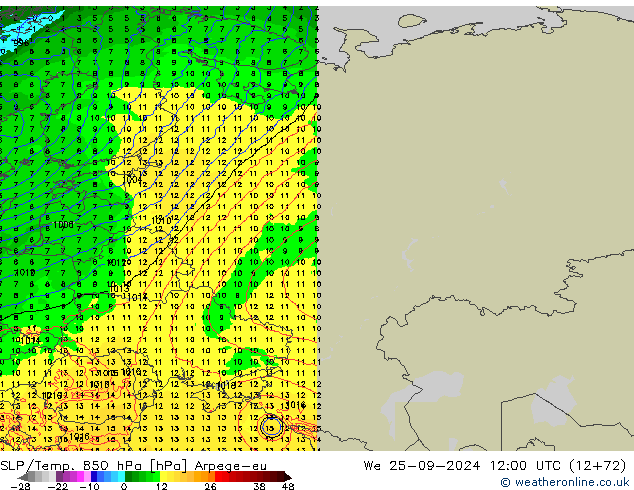 SLP/Temp. 850 hPa Arpege-eu mer 25.09.2024 12 UTC