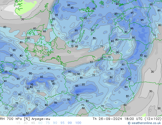 RH 700 hPa Arpege-eu Qui 26.09.2024 18 UTC