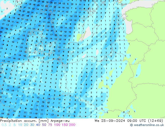 Precipitation accum. Arpege-eu  25.09.2024 09 UTC