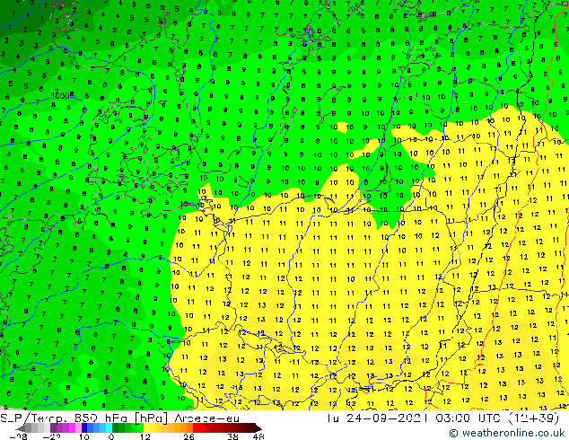 SLP/Temp. 850 hPa Arpege-eu di 24.09.2024 03 UTC