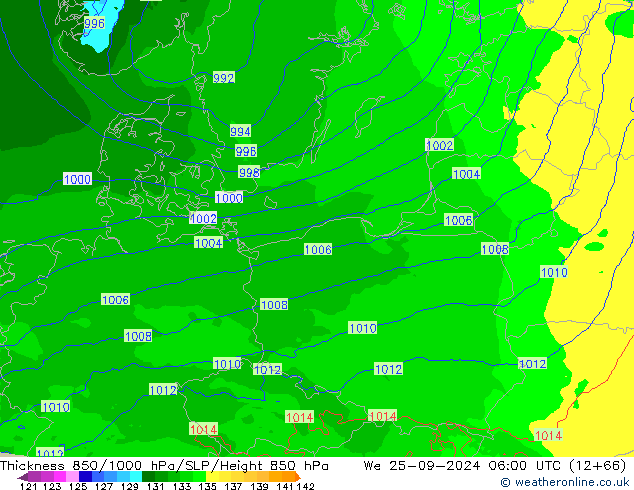 Espesor 850-1000 hPa Arpege-eu mié 25.09.2024 06 UTC