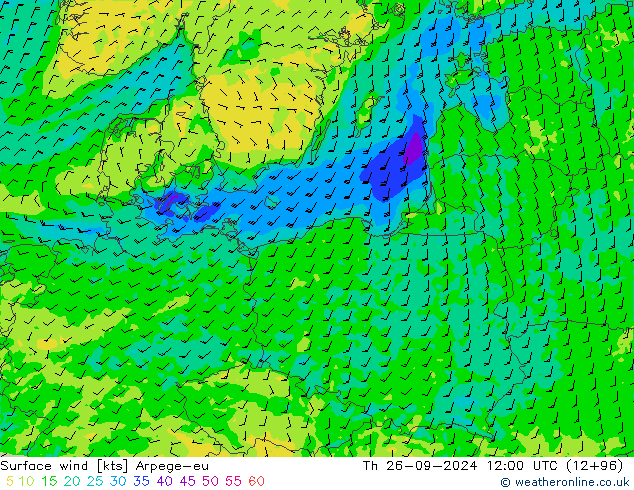 Wind 10 m Arpege-eu do 26.09.2024 12 UTC