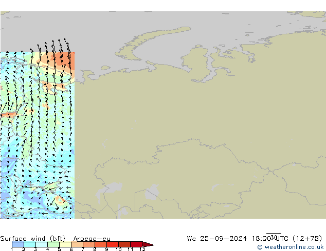 Vento 10 m (bft) Arpege-eu Qua 25.09.2024 18 UTC