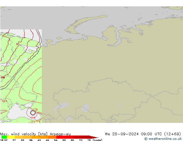 Max. wind velocity Arpege-eu We 25.09.2024 09 UTC