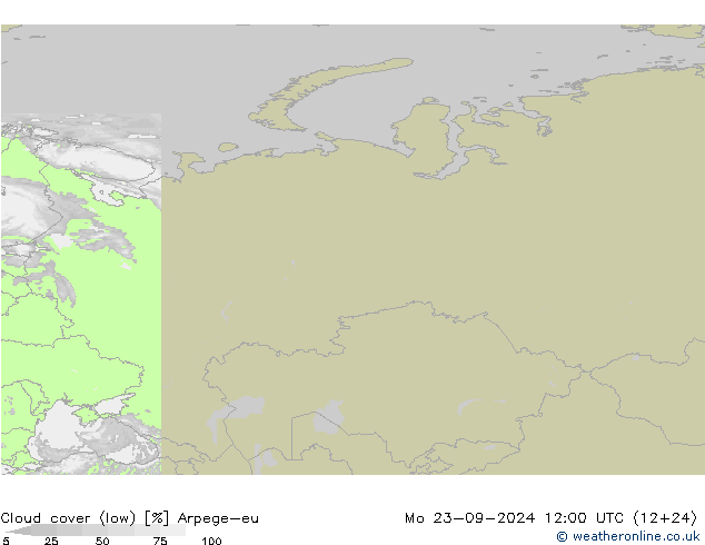 Cloud cover (low) Arpege-eu Mo 23.09.2024 12 UTC