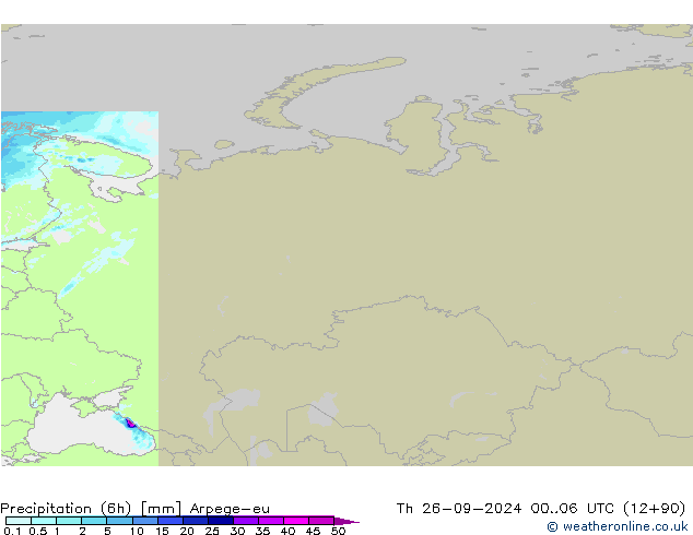 Precipitation (6h) Arpege-eu Čt 26.09.2024 06 UTC