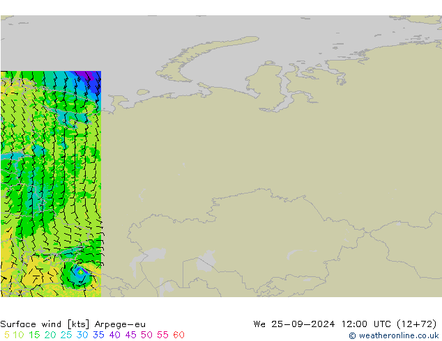 Vento 10 m Arpege-eu mer 25.09.2024 12 UTC