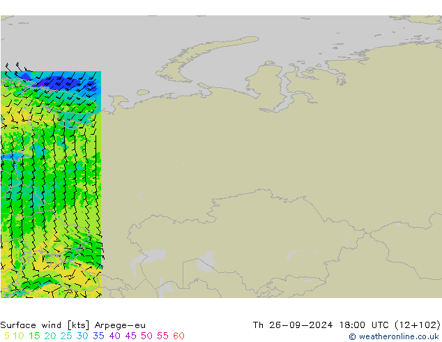 ветер 10 m Arpege-eu чт 26.09.2024 18 UTC