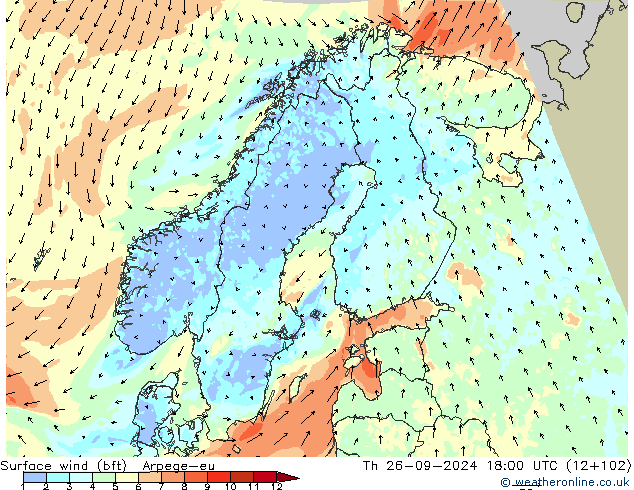 Rüzgar 10 m (bft) Arpege-eu Per 26.09.2024 18 UTC