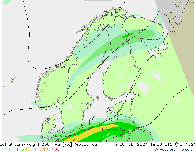 Jet stream/Height 300 hPa Arpege-eu Th 26.09.2024 18 UTC