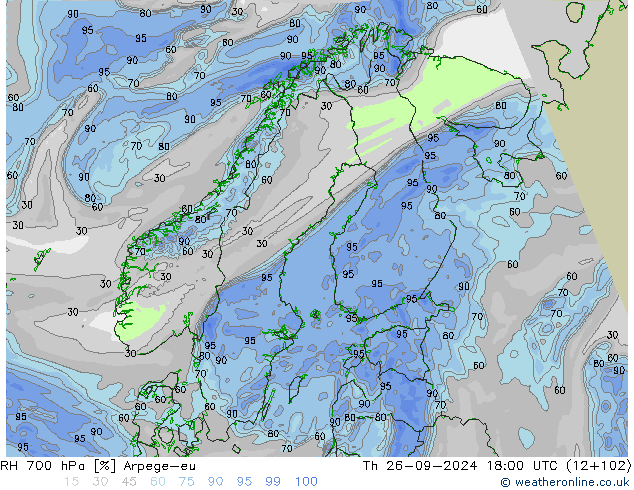 RH 700 гПа Arpege-eu чт 26.09.2024 18 UTC