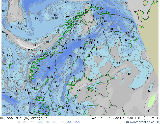 RH 850 hPa Arpege-eu We 25.09.2024 00 UTC