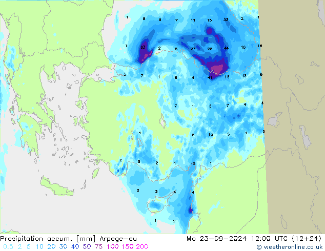 Precipitation accum. Arpege-eu pon. 23.09.2024 12 UTC